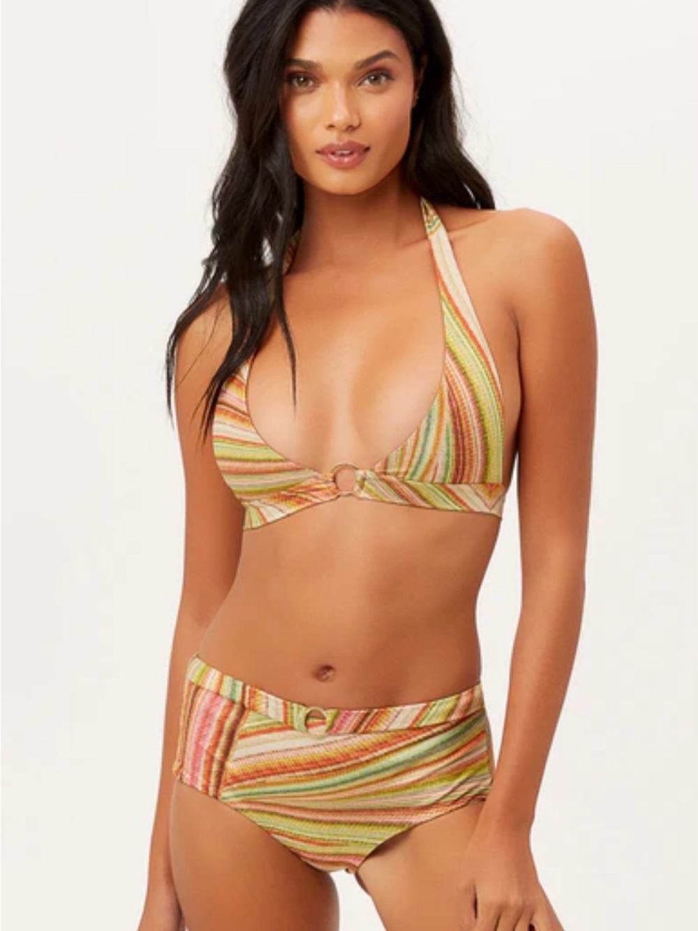 Frankie's Bikinis Multicolor Striped Halter Bikini Top